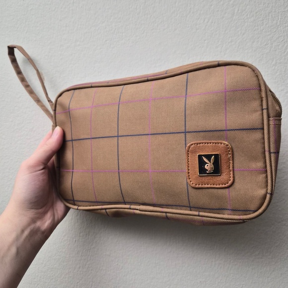 PLAYBOY Handbags - Playboy Vintage Windowpane Plain Tan Plaid Toiletry Bag Made In Korea